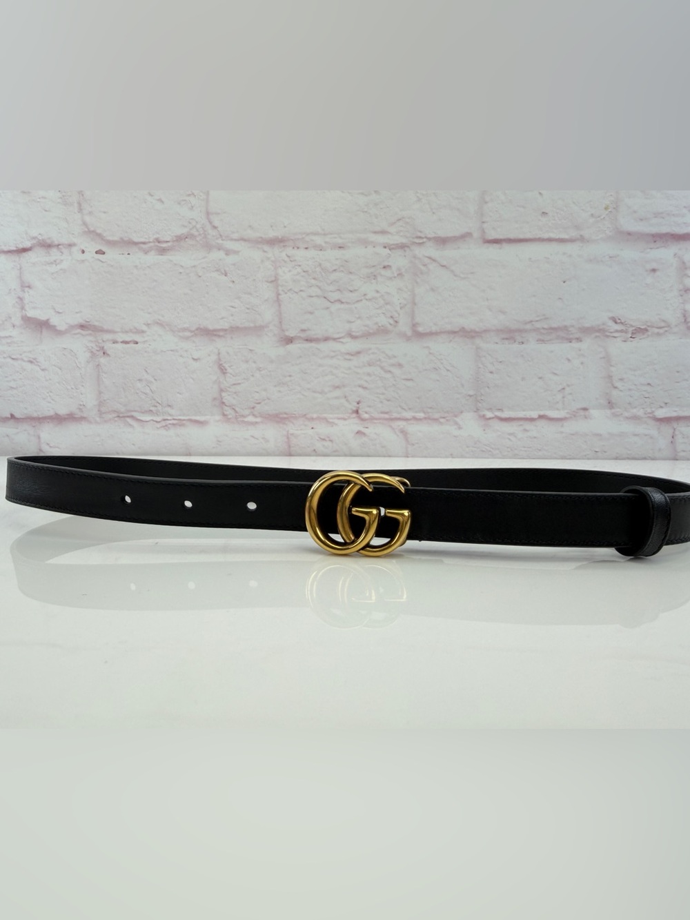 Gucci Gg Marmont Slim Black Leather Double G Belt Gold Buckle 409417 70/28”
